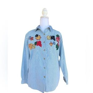 Vintage 90s Embroidered Pinstriped Button Down Blouse Leafs Autumn Cotton Medium